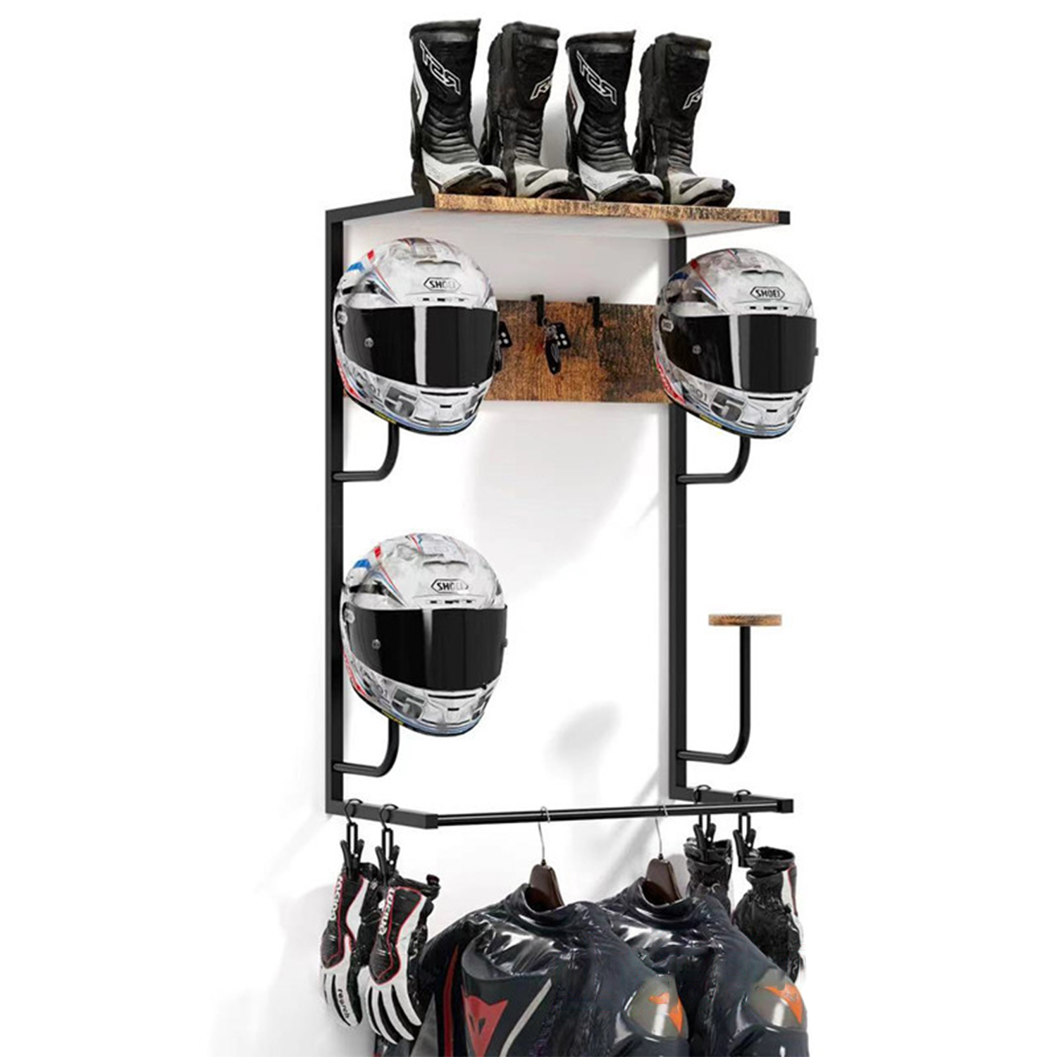 Cycling Gear Wall Mount - オートバイヘルメットホルダー、4つのグローブチップとフック付き壁掛けラック、ヘルメットギア衣類用バイクヘルメット収納オーガナイザー