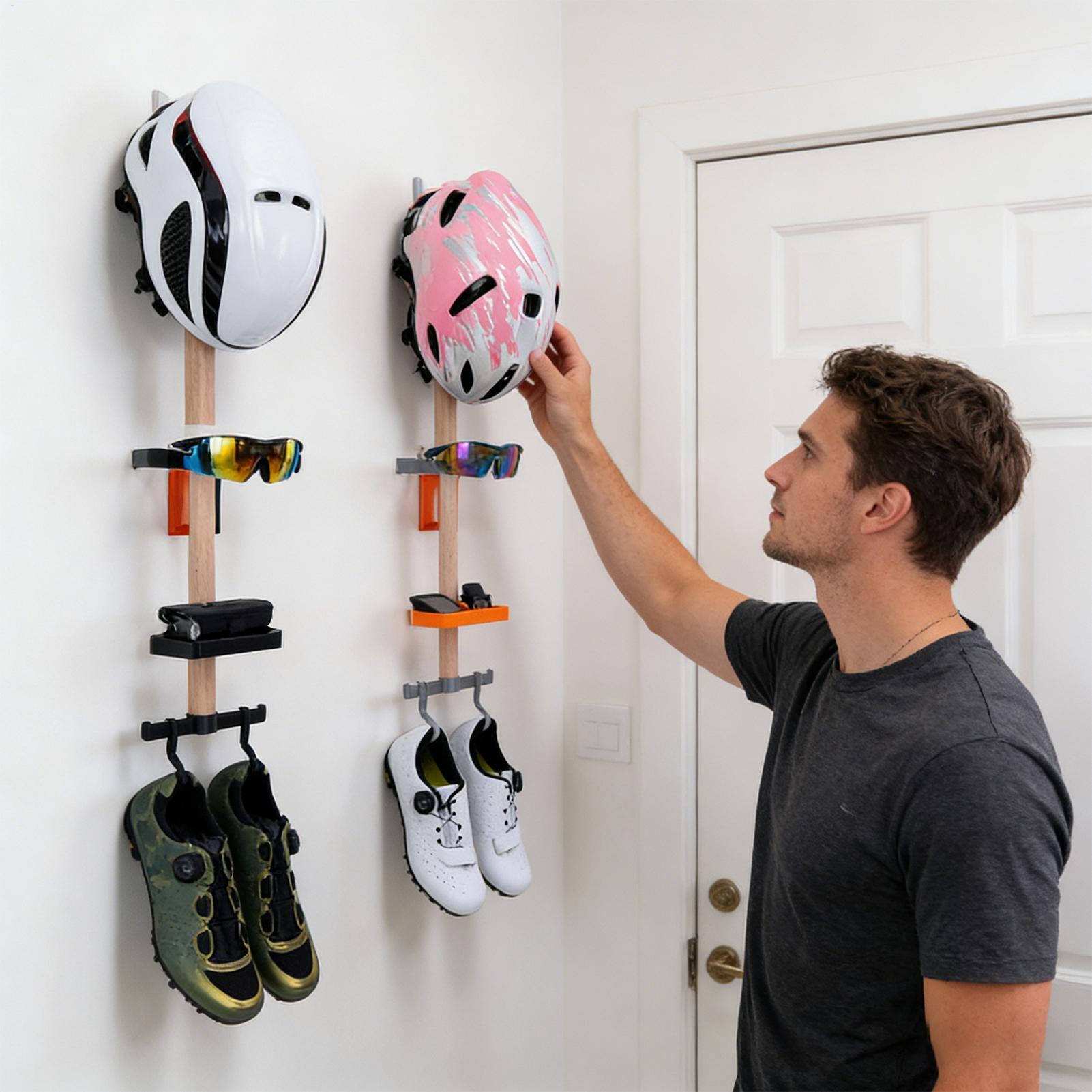 Cycling Gear Wall Mount - 垂直サイクリングギアオーガナイザーラック、自転車アクセサリー、ヘルメット、メガネ用の壁掛けホルダー、自宅のガレージワークショップをきれいにします