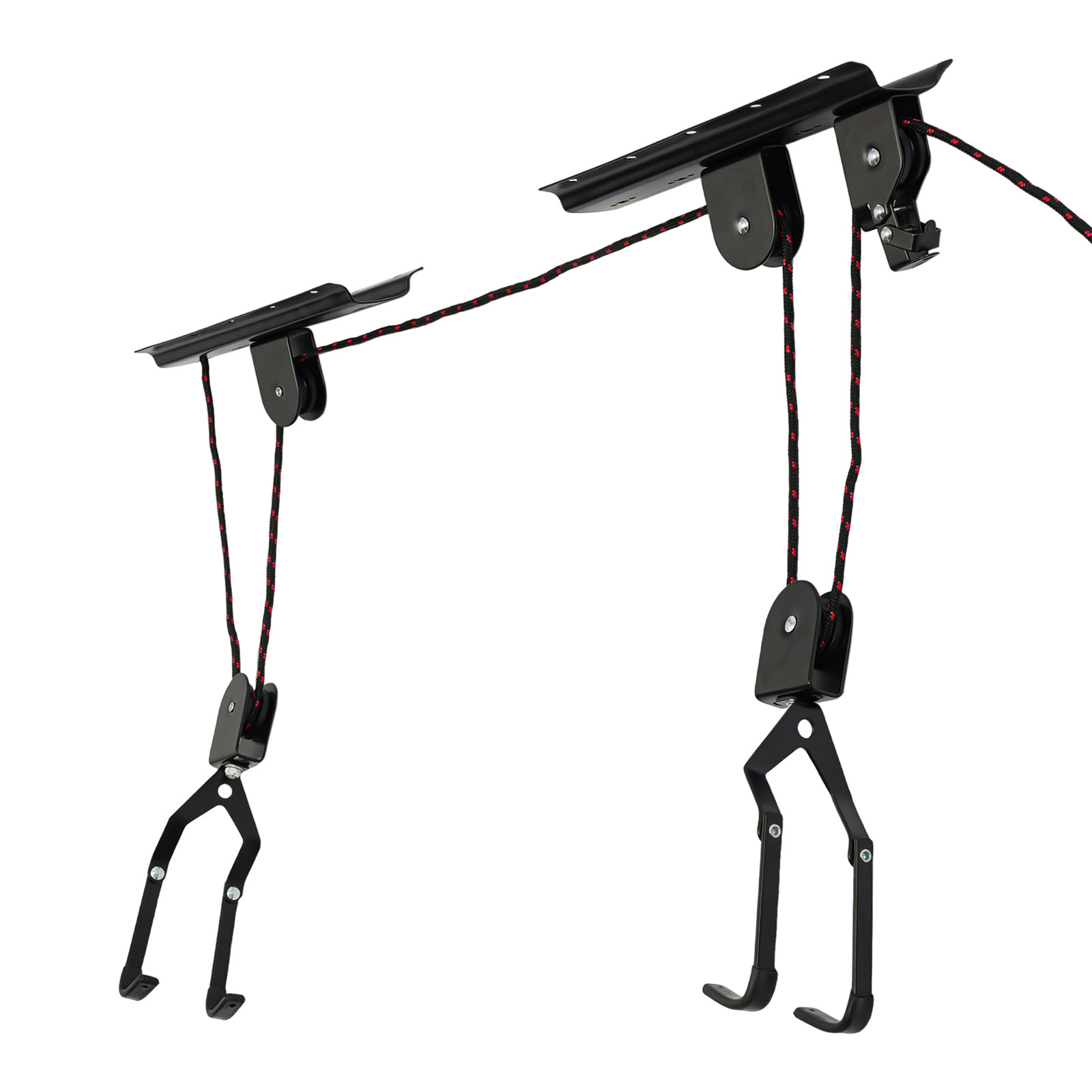 Cycling Gear Wall Mount - ガレージ天井用バイクホイスト、バイクキャリアラック、自転車壁掛け収納システム、プーリーリフト、コーティングフック、安全ストラップ、マウンテンバイクロードバイク用簡単設置天井ハンガー、省スペースオーガナイザーSフックロープ